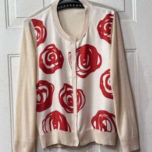 DKNY Women's Silk Sz L Cardigan Sweater Button Up Ivory Front w/Red Roses
